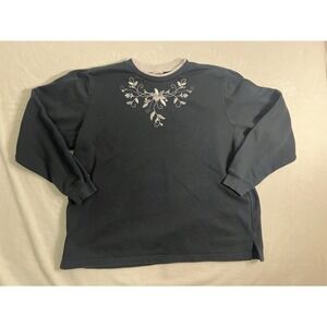 Vintage Blair Pullover Sweatshirt Navy Floral Embroidered Women's XL Knit Casual